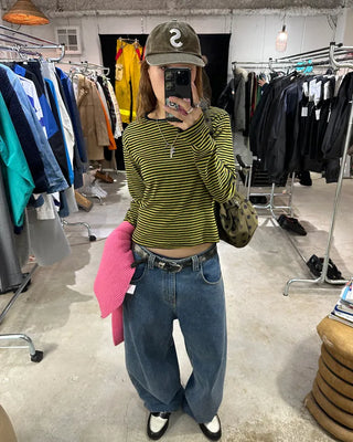 Round neck simple striped long T-shirt