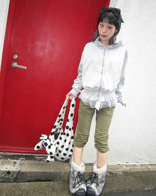 Shirred ruffle hem zip hoodie