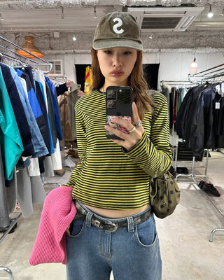 Round neck simple striped long T-shirt