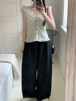 String Wide Summer Low Denim Pants
