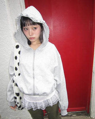 Shirred ruffle hem zip hoodie