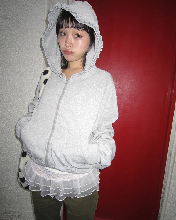 Shirred ruffle hem zip hoodie