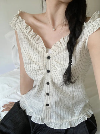 [2-way] Frill Stripe Border Blouse
