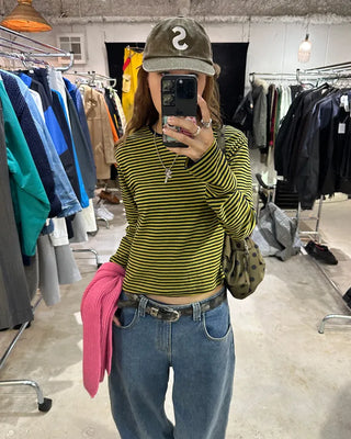 Round neck simple striped long T-shirt