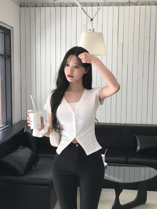Slim Tie Short-Sleeve Cardigan Set