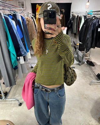 Round neck simple striped long T-shirt