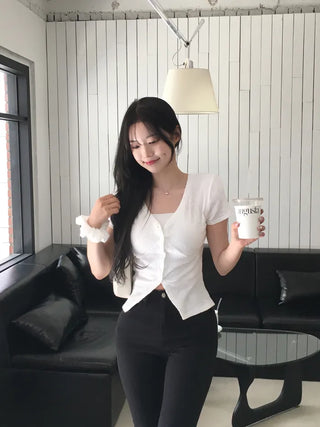 Slim Tie Short-Sleeve Cardigan Set