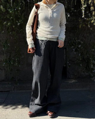 (Unisex) Pencil Stripe Wide Black Jeans