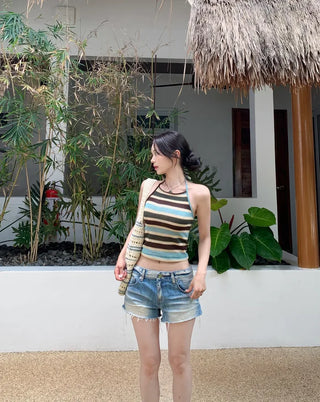 Two-tone halter knit sleeveless top