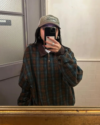 (Unisex) Polo Neck Tartan Check Fleece