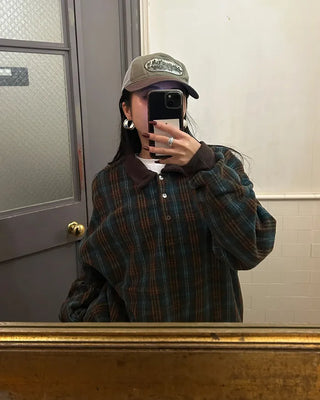 (Unisex) Polo Neck Tartan Check Fleece