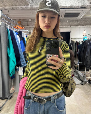 Round neck simple striped long T-shirt