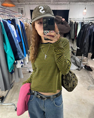 Round neck simple striped long T-shirt