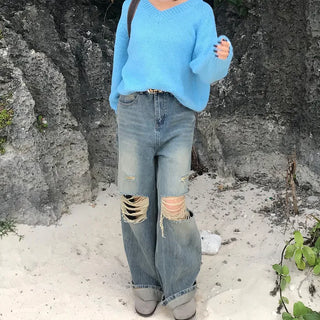 Distressed wide-leg denim pants