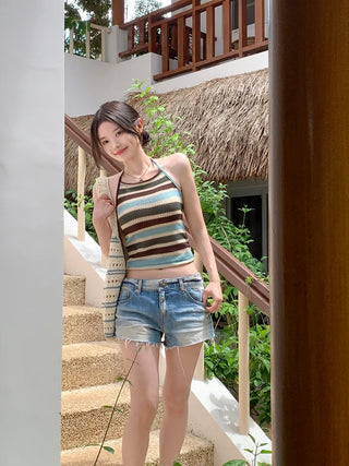 Two-tone halter knit sleeveless top