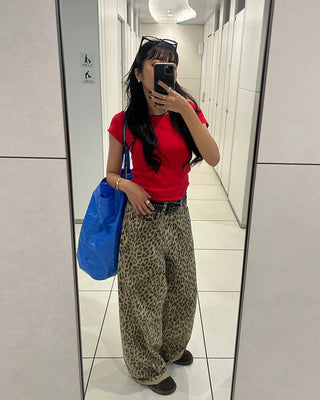 Pigmented leopard print cotton wide-leg pants