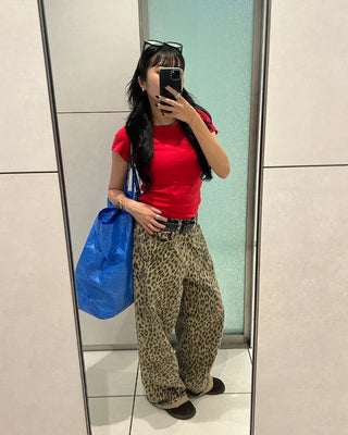 Pigmented leopard print cotton wide-leg pants