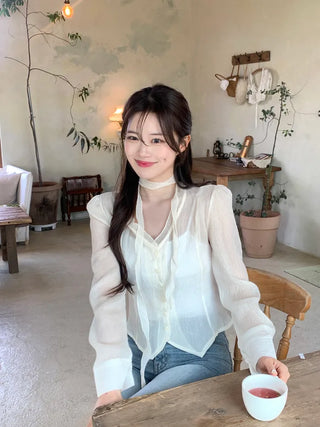 [2pcs] See-through Tie Blouse Set