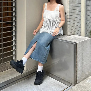 Front slit long denim skirt