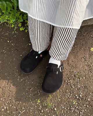 Belted suede clog sandals