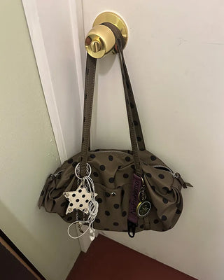 Outer pocket side gathered polka dot Boston bag