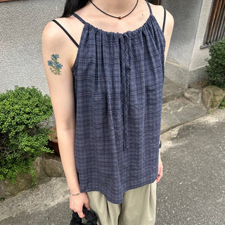 Checked shirred sleeveless blouse