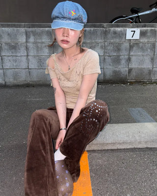 Ribbon Shoulder Butterfly Cap Ribbed T-Shirt
