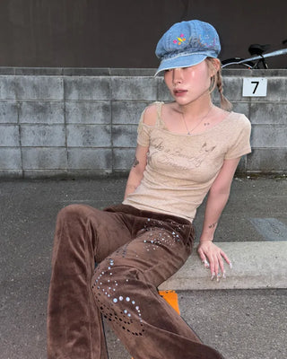 Ribbon Shoulder Butterfly Cap Ribbed T-Shirt