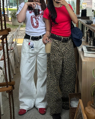 Pigmented leopard print cotton wide-leg pants