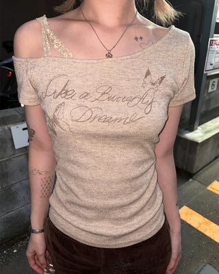 Ribbon Shoulder Butterfly Cap Ribbed T-Shirt