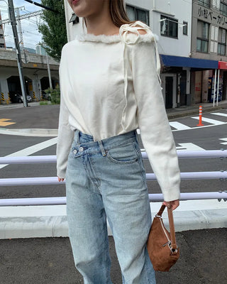 Fringe detail off-shoulder knit