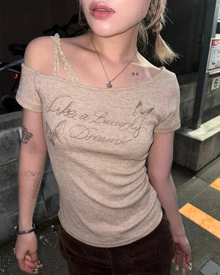 Ribbon Shoulder Butterfly Cap Ribbed T-Shirt