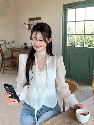[2pcs] See-through Tie Blouse Set