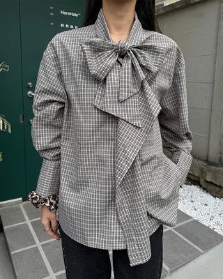 Big Ribbon Tie Check Blouse