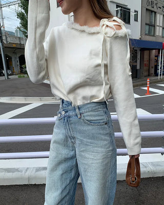 Fringe detail off-shoulder knit