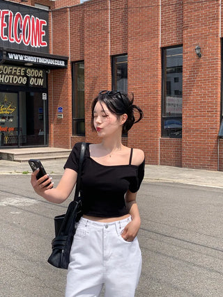 [2-way] Asymmetrical Shoulder Short-Sleeve T-Shirt (6 colors)
