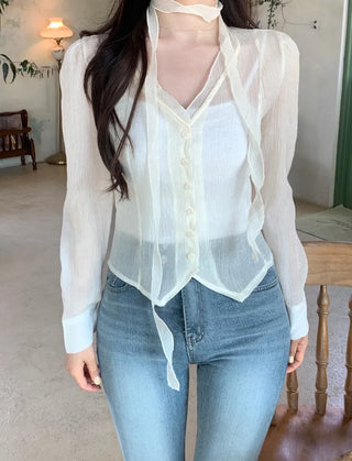 [2pcs] See-through Tie Blouse Set