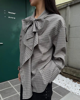 Big Ribbon Tie Check Blouse