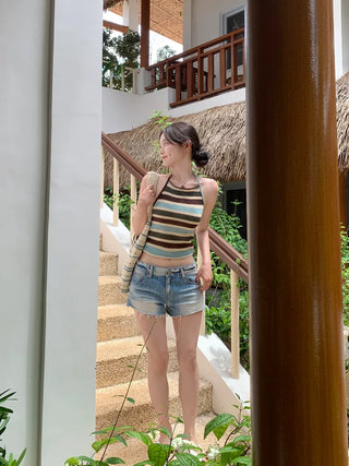 Two-tone halter knit sleeveless top
