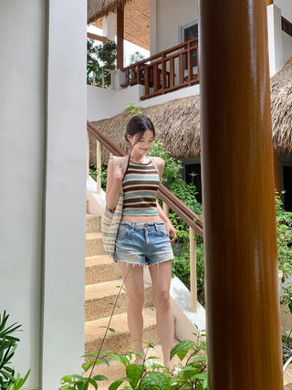 Two-tone halter knit sleeveless top