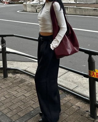 Boat neck cropped ribbed long-sleeve cut and sew