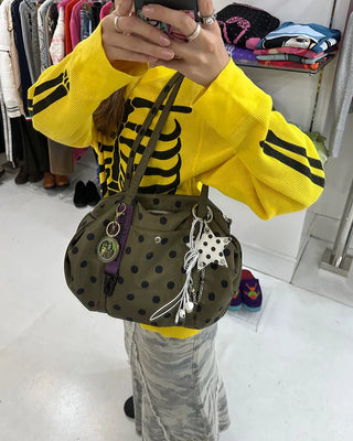Outer pocket side gathered polka dot Boston bag