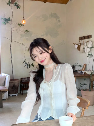 [2pcs] See-through Tie Blouse Set