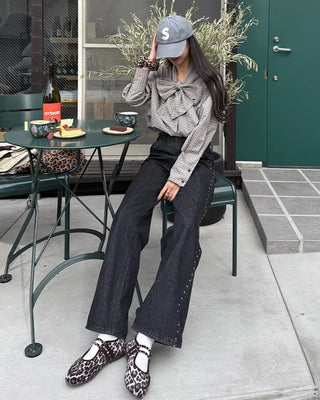 Big Ribbon Tie Check Blouse