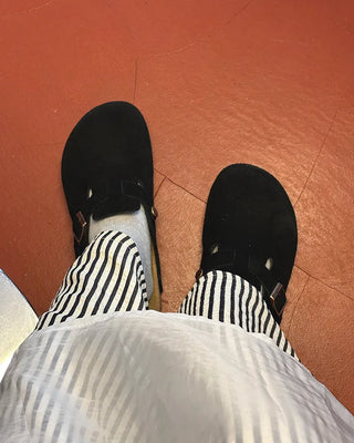 Belted suede clog sandals