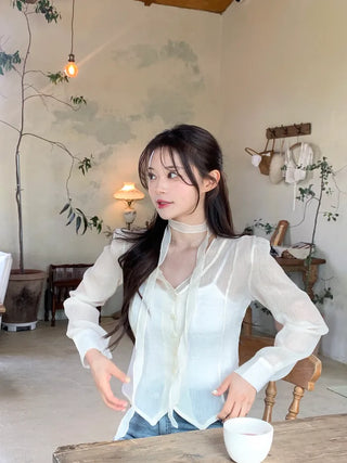 [2pcs] See-through Tie Blouse Set