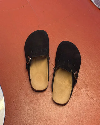 Belted suede clog sandals