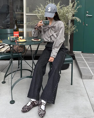 Big Ribbon Tie Check Blouse