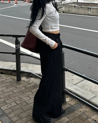 Boat neck cropped ribbed long-sleeve cut and sew