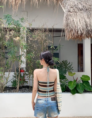 Two-tone halter knit sleeveless top